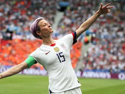 United States' Megan Rapinoe celebrates after scoring the opening goal from the penalty spot during the Women's World Cup final soccer match against The Netherlands at the Stade de Lyon in July 2019.