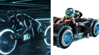 A la izquierda, secuencia de la película 'Tron: Legacy'. A la derecha, una de las dos motocicletas diseñadas por BrickBros UK para Lego Ideas.