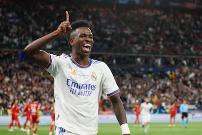 Vinicius celebra el gol marcado al Liverpool en la final de la Liga de Campeones del 2022.