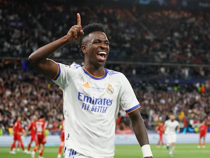 Vinicius celebra el gol marcado al Liverpool en la final de la Liga de Campeones del 2022.