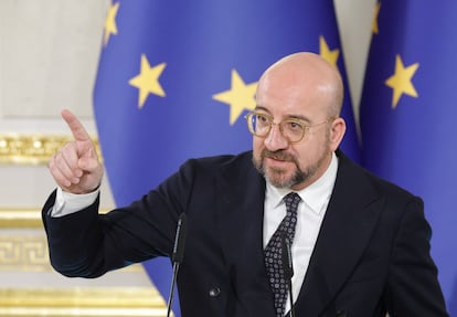 El presidente del Consejo Europeo, Charles Michel, durante su visita a Ucrania, en una imagen del pasado martes.