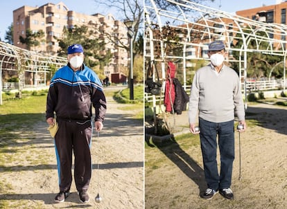 Paco y Pablo, dos jugadores de petanca en el parque de Lisboa, en Alcorcón.