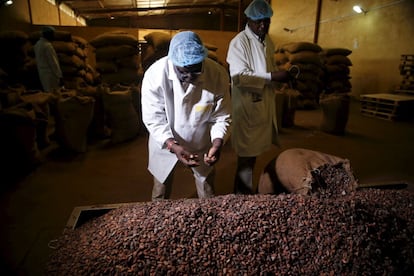 Trabajadores de una fábrica de procesamiento de cacao en Ile-Oluji, una aldea del Estado de Ondo, al sudoeste de Nigeria, toman muestras de distintos granos.