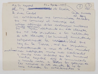 Manuscrito de la carta de Armando al rey Juan Carlos I advirtiéndole de los peligros nucleares observados por los extraterrestres en la Tierra.