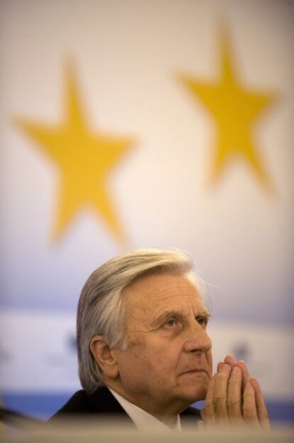 Jean Claude Trichet en la rueda de prensa tras su último Consejo de Gobierno del BCE.