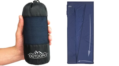 Saco de dormir estilo sábana, compacto, ultraligero y con funda y un compartimento para almohada