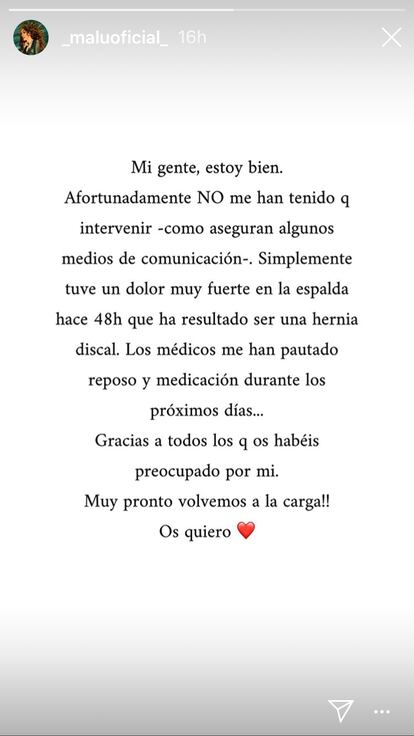 El mensaje de Malú en los 'stories' de su Instargam.