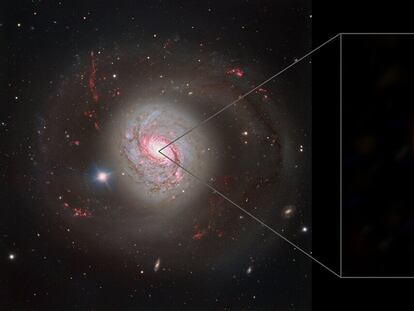 A la izquierda, la galaxia Messier 77. A la derecha, la región central de la galaxia, con su núcleo activo, reconstruida con el instrumento MATISSE. ESO/Jaffe, Gámez-Rosas et al.