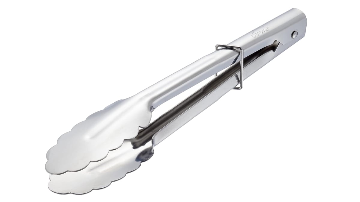 Pinza de acero inoxidable para voltear y servir alimentos.