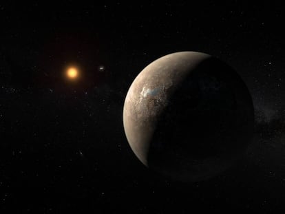 Recreaci&oacute;n art&iacute;stica del planeta Proxima b y su estrella