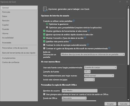Opciones de configuración en Microsoft Excel