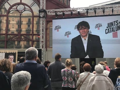 El candidat de JxCat a les eleccions europees, Carles Puigdemont, en un acte de campanya per via telemàtica.