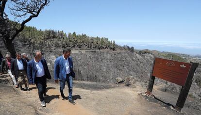 El presidente del Gobierno, Pedro Sánchez (derecha) y el presidente del Gobierno de Canarias, Angel Víctor Torres, durante la visita que realizaron este jueves a las zonas calcinadas por el incendio de Gran Canaria.