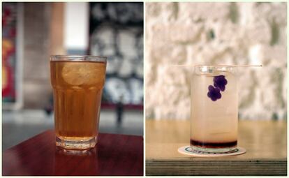 Infusión fría de guaraná, avellana, passiflora, cáscara de naranja y verbena de Ruda Café (izquierda) y limonada de violeta de Mision Café.