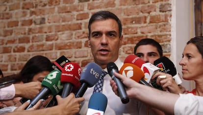 Spain´s President Pedro Sanchez during a press conference before a meeting with Equality associations, in Madrid, on Thursday 01, August 2019