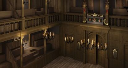 Recreaci&oacute;n en 3D del teatro Sam Wanamaker Playhouse. 