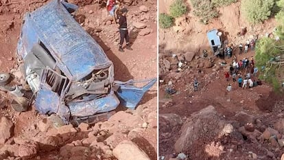 El estado en el que ha quedado el vehículo que cayó por un barranco en un accidente en Marruecos en el que han muerto 24 personas.