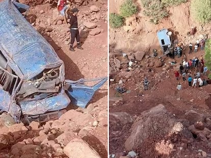 El estado en el que ha quedado el vehículo que cayó por un barranco en un accidente en Marruecos en el que han muerto 24 personas.