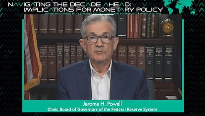 Jerome H. Powell, presidente de la FED, habla por videoconferencia durante la reunión anual de Jackson Hole el pasado 27 de agosto.