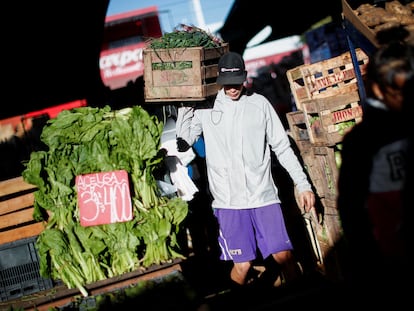 Un trabajador carga una caja de verduras, esta semana en el mercado central de Buenos Aires.