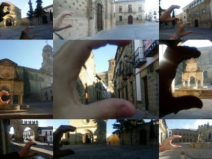 Images from Ciudadanos' online campaign #AndaluciaCiudadana, showing people making the "C" that symbolizes the party.