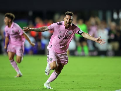 Lionel Messi celebrates after scoring his first goal with Inter Miami, in Fort Lauderdale, Florida, on Friday, July 21, 2023.