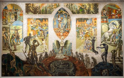 Mural de Per Krohg en el Consejo de Seguridad de la ONU. "El peor mural del mundo frente al que me he sentado durante muchas horas desconcertantes", según el corresponsal de la BBC. |