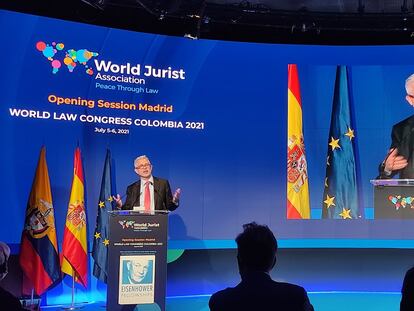 Javier Moreno, director de EL PAÍS, durante la clausura del congreso internacional sobre el Estado de derecho de la Asociación Mundial de Juristas (WJA en sus siglas en inglés), este martes en la Casa de América.