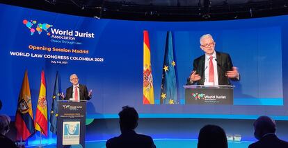 Javier Moreno, director de EL PAÍS, durante la clausura del congreso internacional sobre el Estado de derecho de la Asociación Mundial de Juristas (WJA en sus siglas en inglés), este martes en la Casa de América.