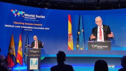 Javier Moreno, director de EL PAÍS, durante la clausura del congreso internacional sobre el Estado de derecho de la Asociación Mundial de Juristas (WJA en sus siglas en inglés), este martes en la Casa de América.