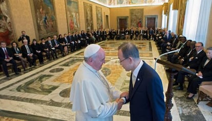 El papa Francisco recibe al secretario general de la ONU, Ban Ki-Moon, y a la junta de jefes ejecutivos de Naciones Unidas.