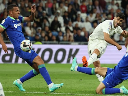 Marco Asensio remataba a portería para marcar el único gol del Real Madrid, este sábado ante el Getafe.