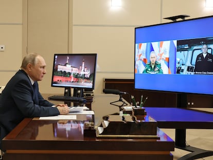 El presidente ruso, Vladímir Putin, participa este miércoles por videoconferencia desde Moscú en la ceremonia de botadura de la fragata 'Almirante Gorshkov'.