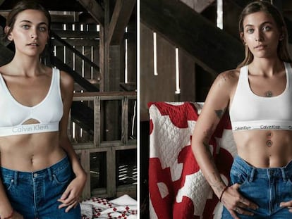 A la derecha la fotografía, supuestamente, retocada de Paris Jackson y a la izquierda la fotografía de la campaña #Mycalvins