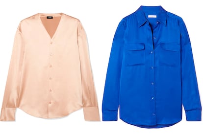 EN TIENDA
A la izda., camisa de raso Joseph (425€ en Net-a-porter) y, a la dcha., camisa azul klein de seda de Equipment (335€).