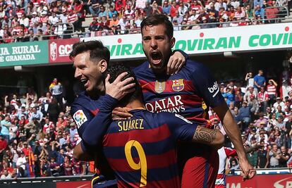 Celebració del primer gol de Suárez.