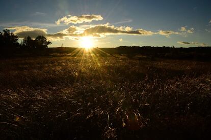 La puesta de sol en un campo cerca de Gordes, al sur de Francia.