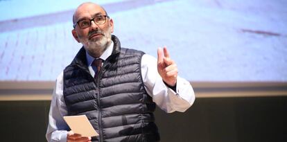 Fernando Abril-Martorell, presidente de Indra, durante un evento con profesionales de Minsait celebrado en Barcelona la pasada semana. 