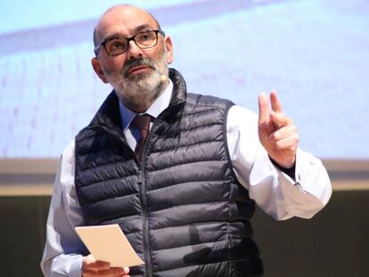 Fernando Abril-Martorell, presidente de Indra, durante un evento con profesionales de Minsait celebrado en Barcelona la pasada semana. 