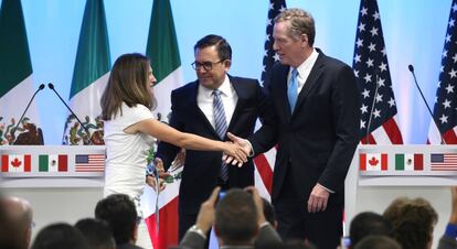 Freeland (Canad&aacute;), Guajardo (M&eacute;xico) y Lighthizer (EE UU), en la segunda ronda de negociaciones.