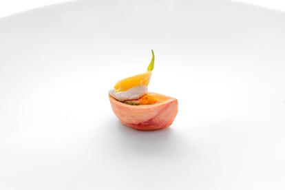 Tomate Amela liofilizado con sorbete de 'kumquat' y crema agria, un plato de Enigma. Imagen proporcionada por el restaurante.