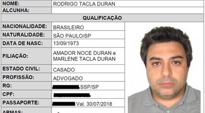 A ficha do advogado Rodrigo Duran na Interpol.