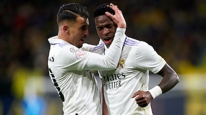 Vinicius Junior of Real Madrid and Daniel Ceballos of Real Madrid celebrate after the second goal of his team scored by Eder Militao.