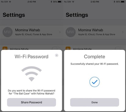 Así se muestra en pantalla el proceso de envío de la contraseña Wifi en iOS 11