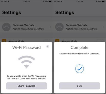 Así se muestra en pantalla el proceso de envío de la contraseña Wifi en iOS 11