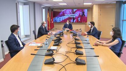 Ignacio Aguado con los portavoces de PSOE, Más Madrid, Cs y Unidas Podemos en la Asamblea de Madrid, en la reunión del pasado lunes. 
