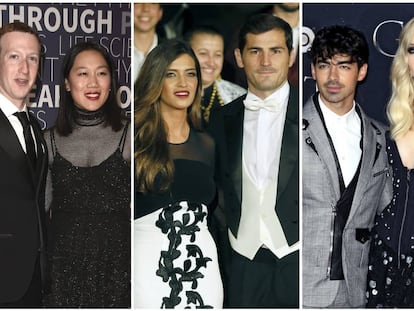 De izquierda a derecha: Mark Zuckerberg y Priscilla Chan; Sara Carbonero e Iker Casillas; y Joe Jonas y Sophie Turner.