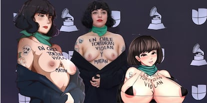 Mon Laferte, en el centro, y dos de las versiones que han sido duramente criticadas en las redes sociales por la sexualización de su protesta.