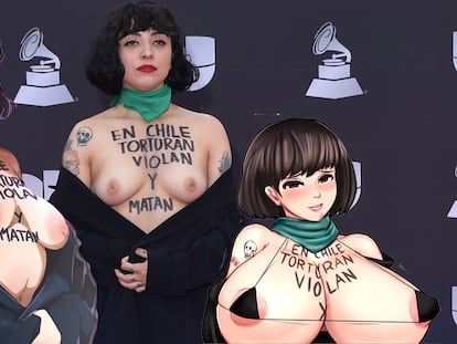 Mon Laferte, en el centro, y dos de las versiones que han sido duramente criticadas en las redes sociales por la sexualización de su protesta.