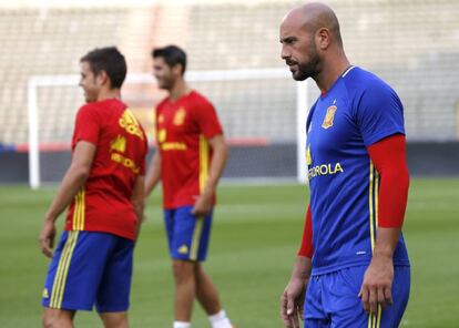 Reina, durante el entrenamiento de Espa&ntilde;a en Bruselas.